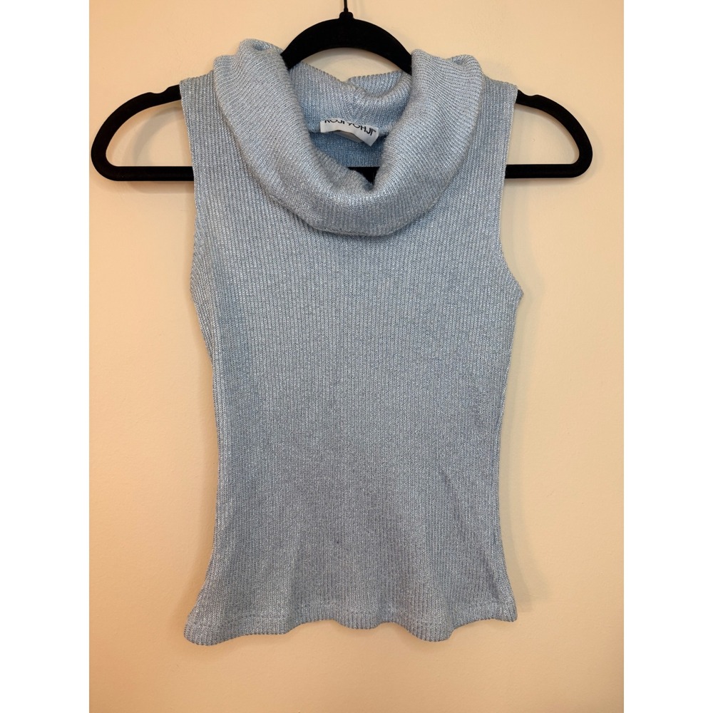 Koji Yohji Sleeveless Cowl Neck Ribbed Metallic Knit Top Ice Blue Size M USA